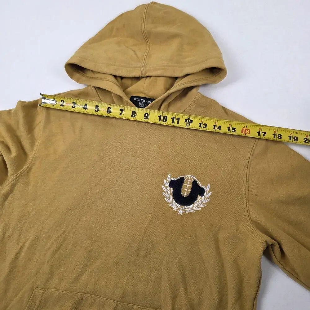 True Religion Hoodie Mens Small Tan‎ Pullover Embroidered Logo Retro Streetwear
